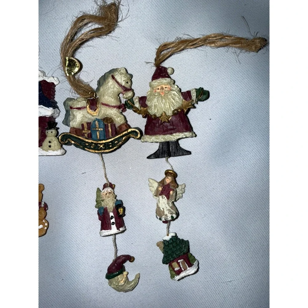 Vintage Christmas Ornaments Set of 3 Resin Santa Rocking Horse Cottage Dangle